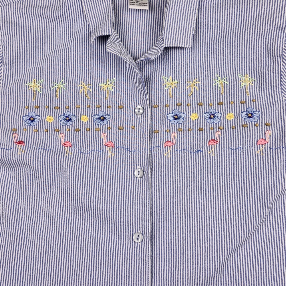 Alfred Dunner Button Up Size 16 Blue Striped Flamingo Embroidery Beaded Coastal - Picture 4 of 8